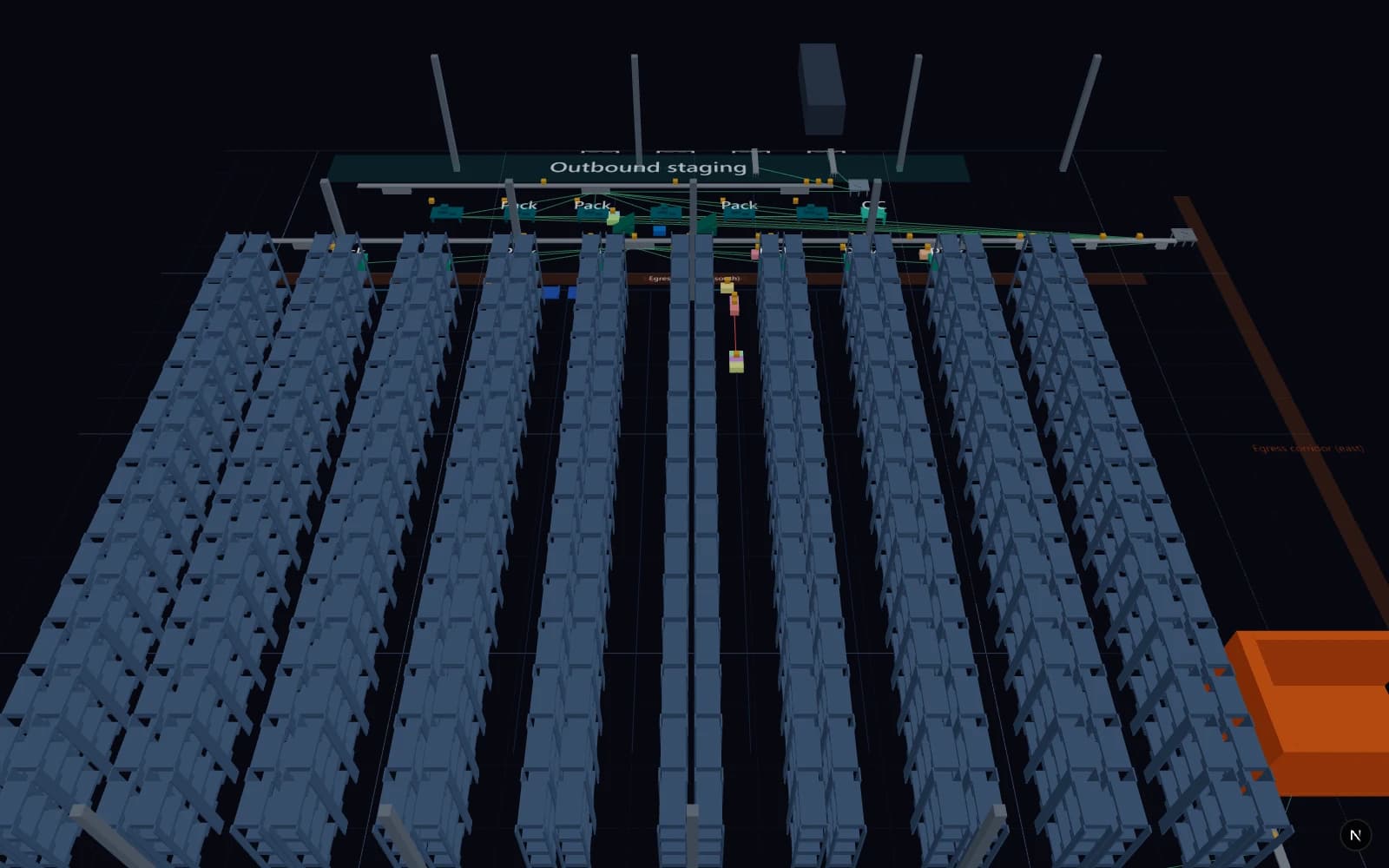The showcase warehouse at 18:30 on the run clock: ten rows of selective racking, the pick-and-pack line along outbound staging, AMRs between them, and the shipping dock.